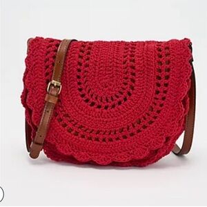 Patricia Nash Red Crochet Crossbody with Brown Strap